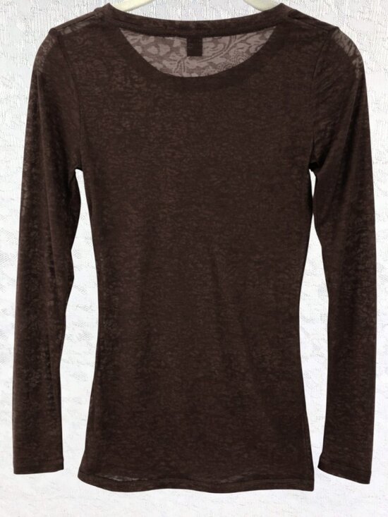 Bozzolo Brown Sheer Floral Mesh Fitted Long Sleeve Soft Stretch Top Size S NWT - Picture 2 of 5